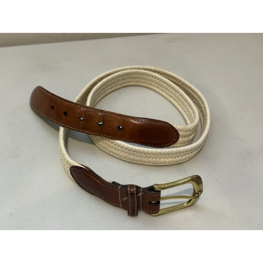 Vintage Torino brown leather belt 40 Solid Brass Buckle Woven‎ Beige Braided